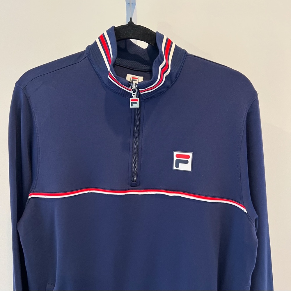 Fila Navy Quarter Zip Pullover with Red and White Striped Accents Mens Medium